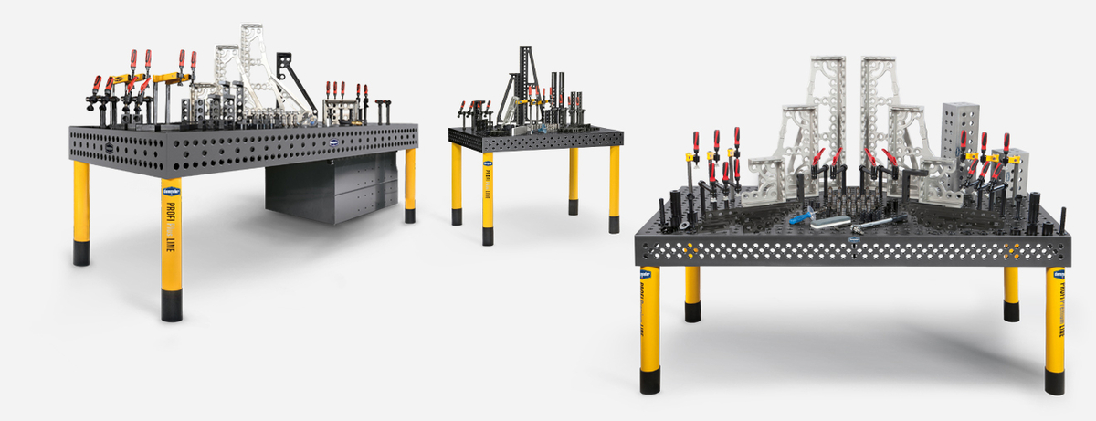 Welding tables with acceesories Three welding tables with system grid D28, D22 and D16